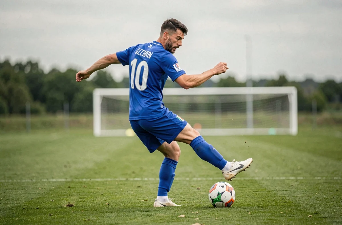 Footballeur international italien en maillot Azzurri numéro 10 en train de tirer au but lors d'un entraînement