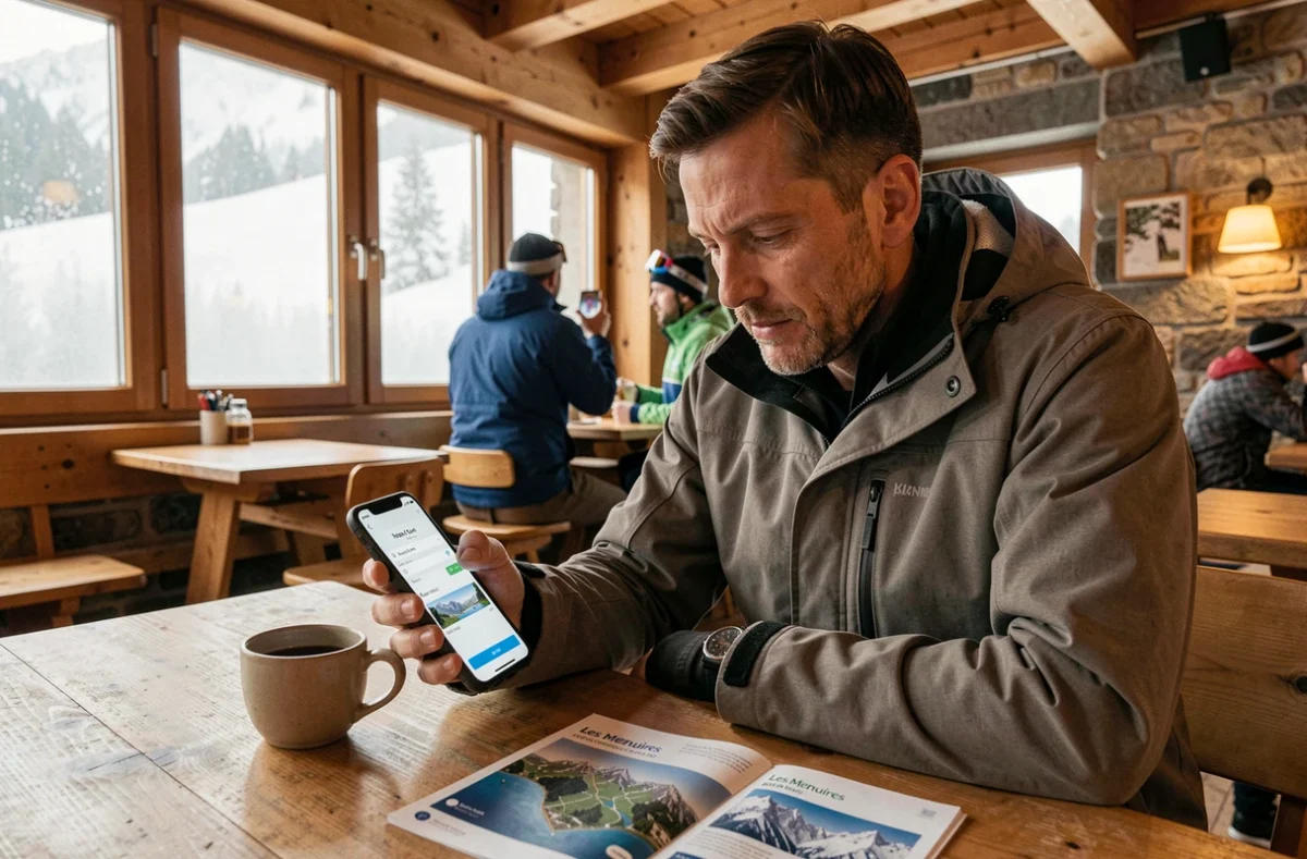 Skieur consultant le prix des forfaits des Menuires sur son téléphone dans un chalet alpin