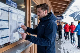 Skieur consultant le tarif d'un forfait de ski au guichet de la station de Tignes