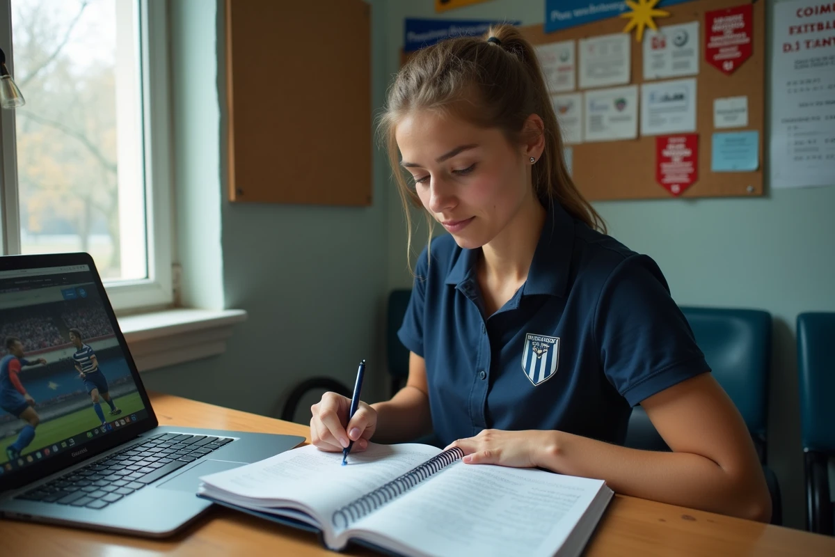 Jeune femme se formant au métier d'arbitre de football dans les locaux d'un club du district 44 en Loire-Atlantique