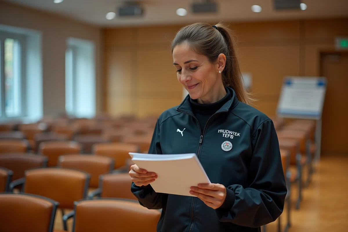 Femme en formation d arbitres regardant un manuel dans une salle