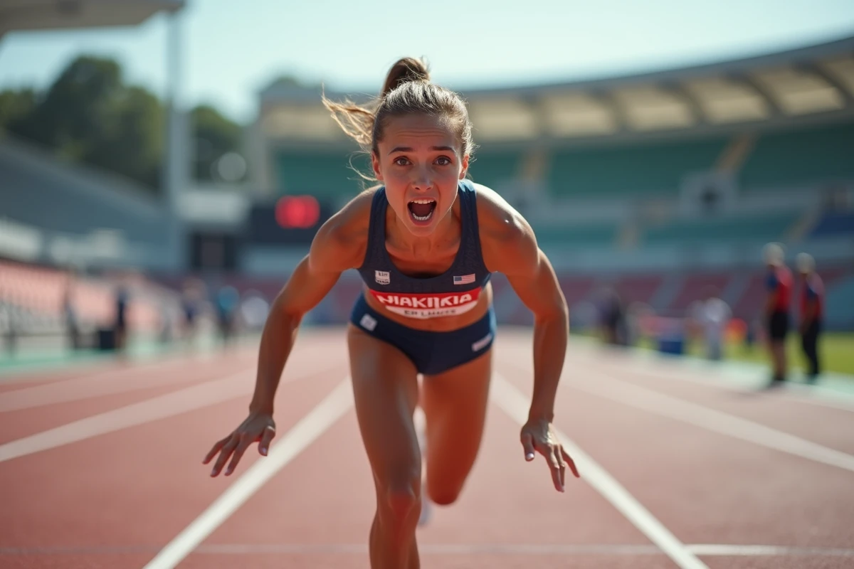 Athlète féminine franchissant la ligne d'arrivée lors d'un record du monde du 100 mètres, expression de victoire et d'émotion intense