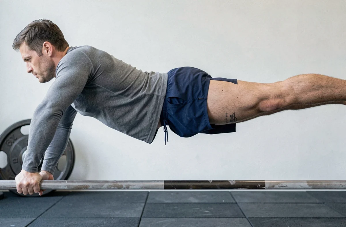 Sportif en position de front lever sur barre de gymnastique dans un home gym minimaliste, exercice de callisthénie avancé pour la masse musculaire