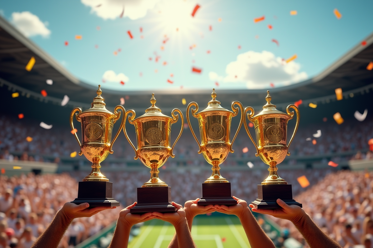 Main d un athlète tenant les trophées de tennis en stade en fête