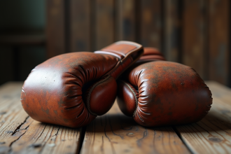 Gants de boxe en cuir ancien sur une table en bois