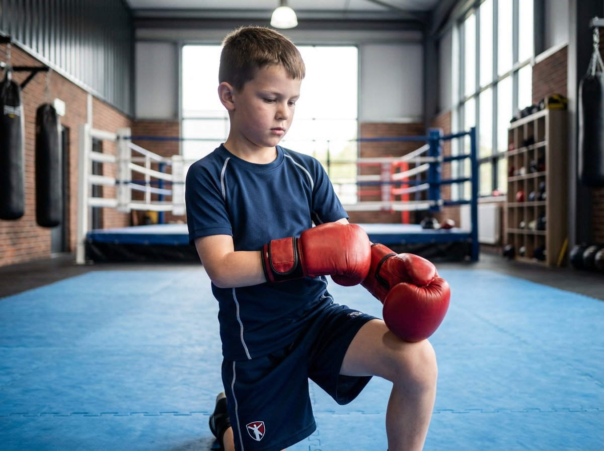 Jeune garçon de boxe prêt à s'entraîner dans un gymnase moderne