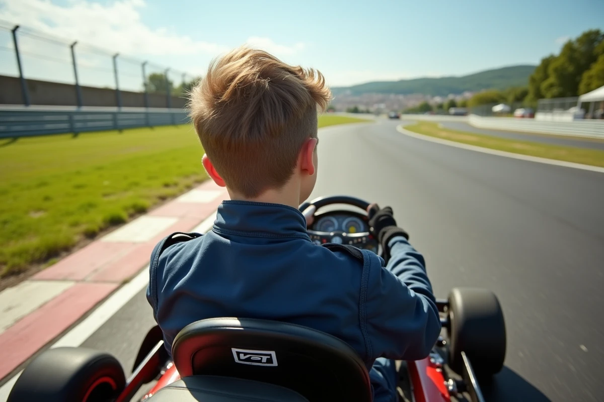 Adolescent en combinaison de course sur circuit extérieur