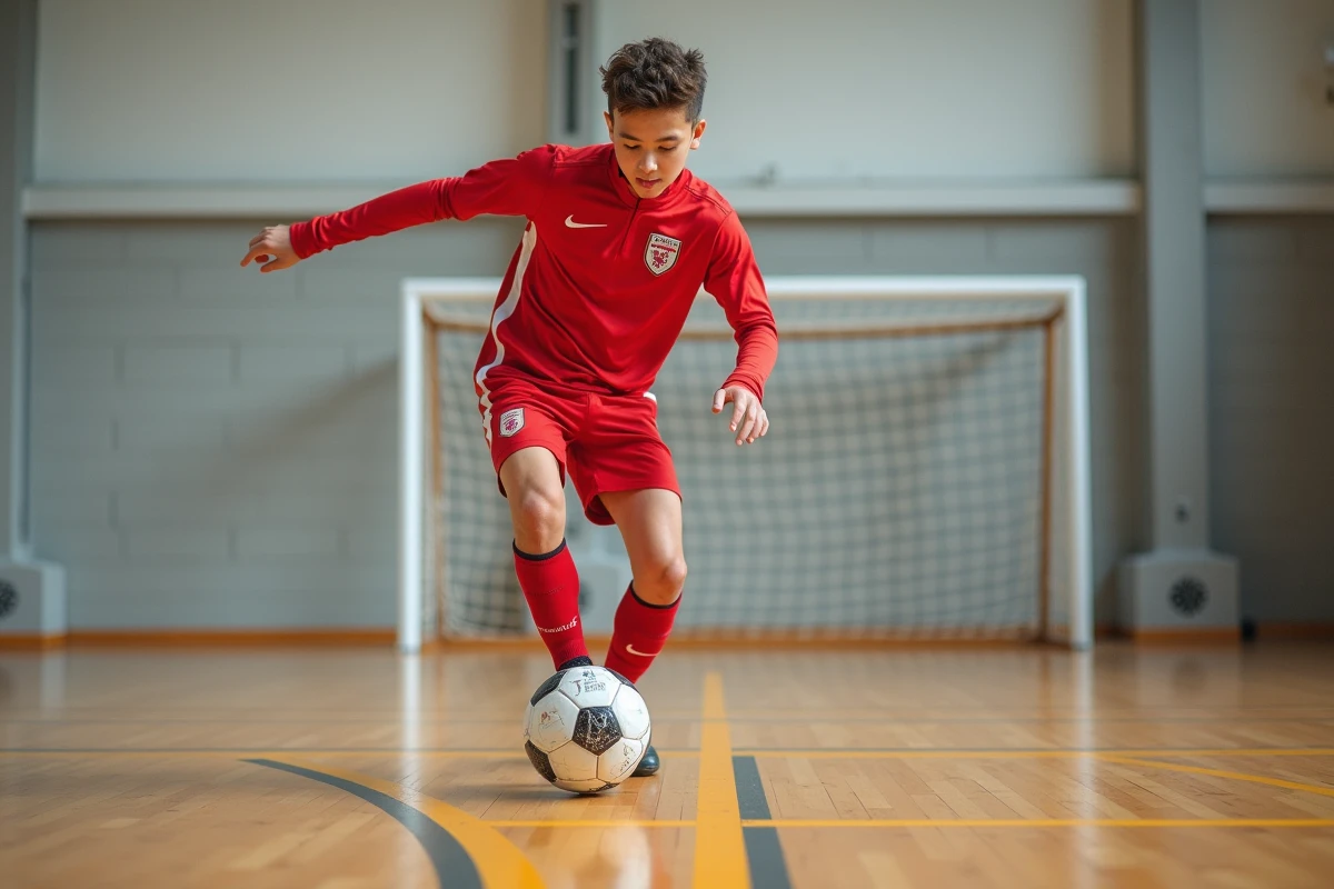 Adolescent pratiquant un geste technique de football sur un terrain de futsal intérieur