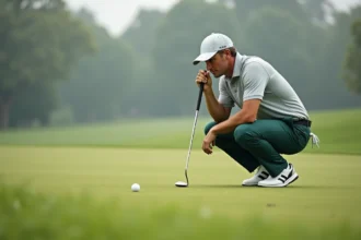 Golfeur accroupi en train d'analyser le green avant une approche décisive sur un parcours de golf bien entretenu