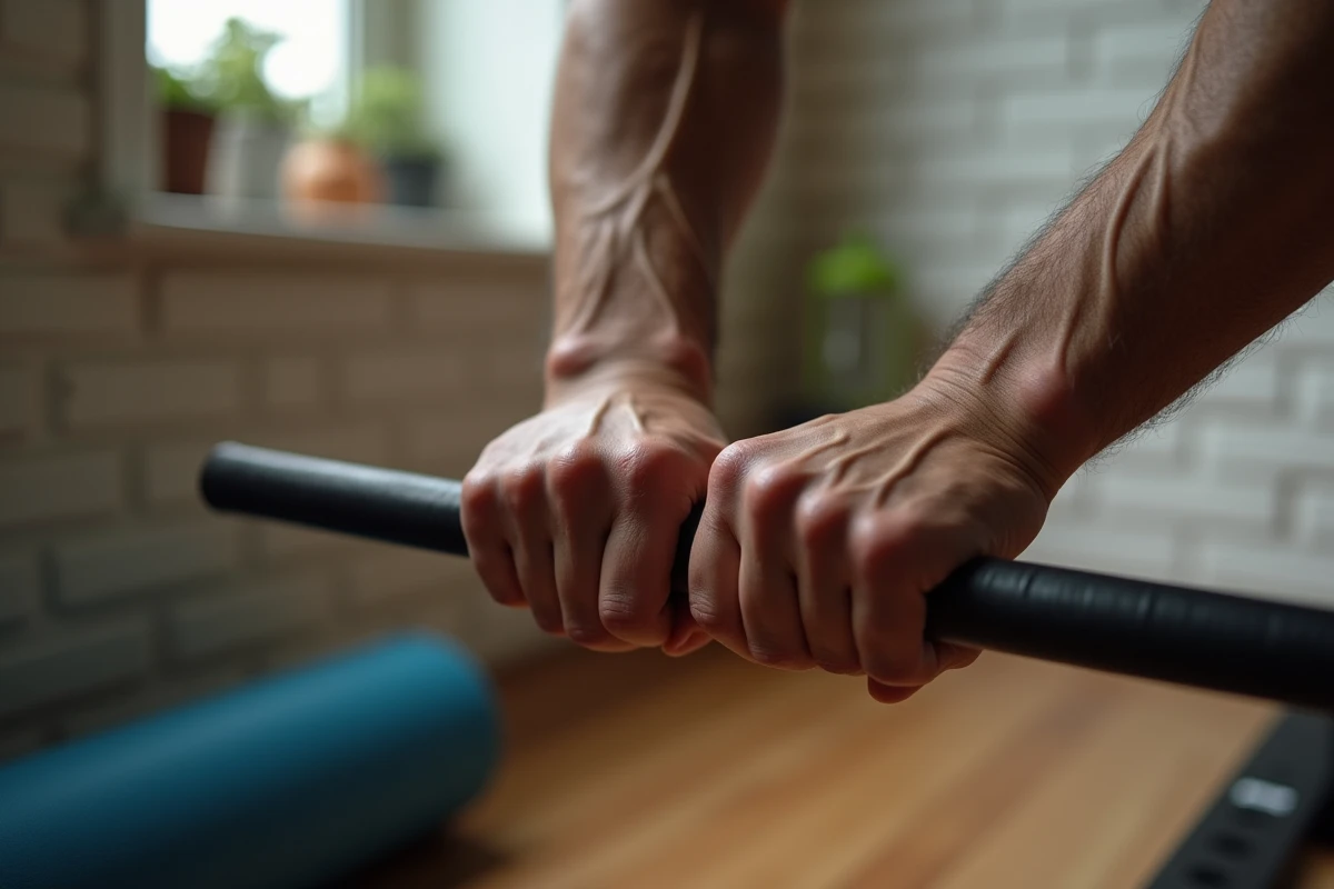 Gros plan sur les mains et avant-bras d'un rameur agrippant la poignée d'un ergomètre, illustrant l'engagement musculaire des bras et de l'avant-bras lors de l'aviron