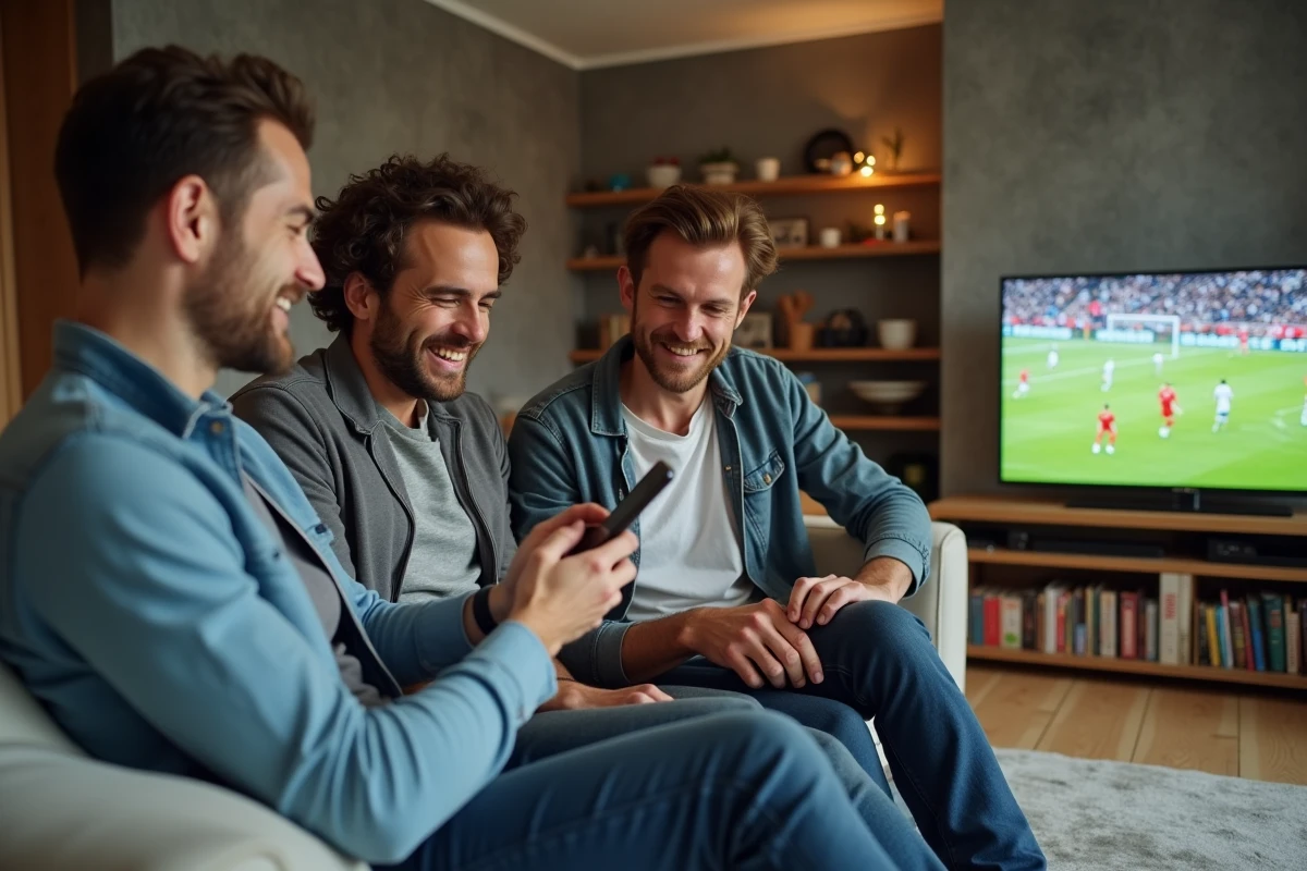 Groupe d'amis français consultant l'application L'Équipe sur smartphone dans un appartement moderne