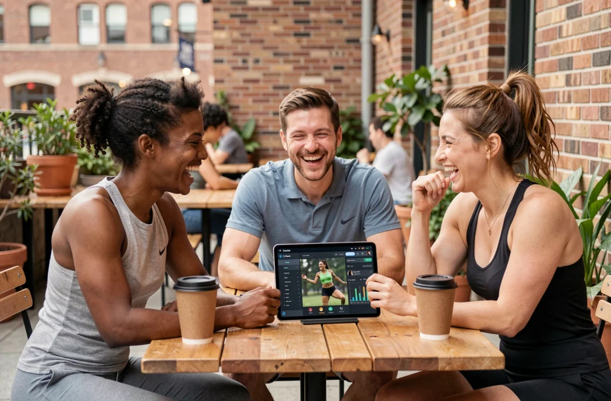 Groupe d'amis sportifs partageant leurs activités et résultats sur une application Sportrip autour d'un café en terrasse urbaine après une séance de sport matinale