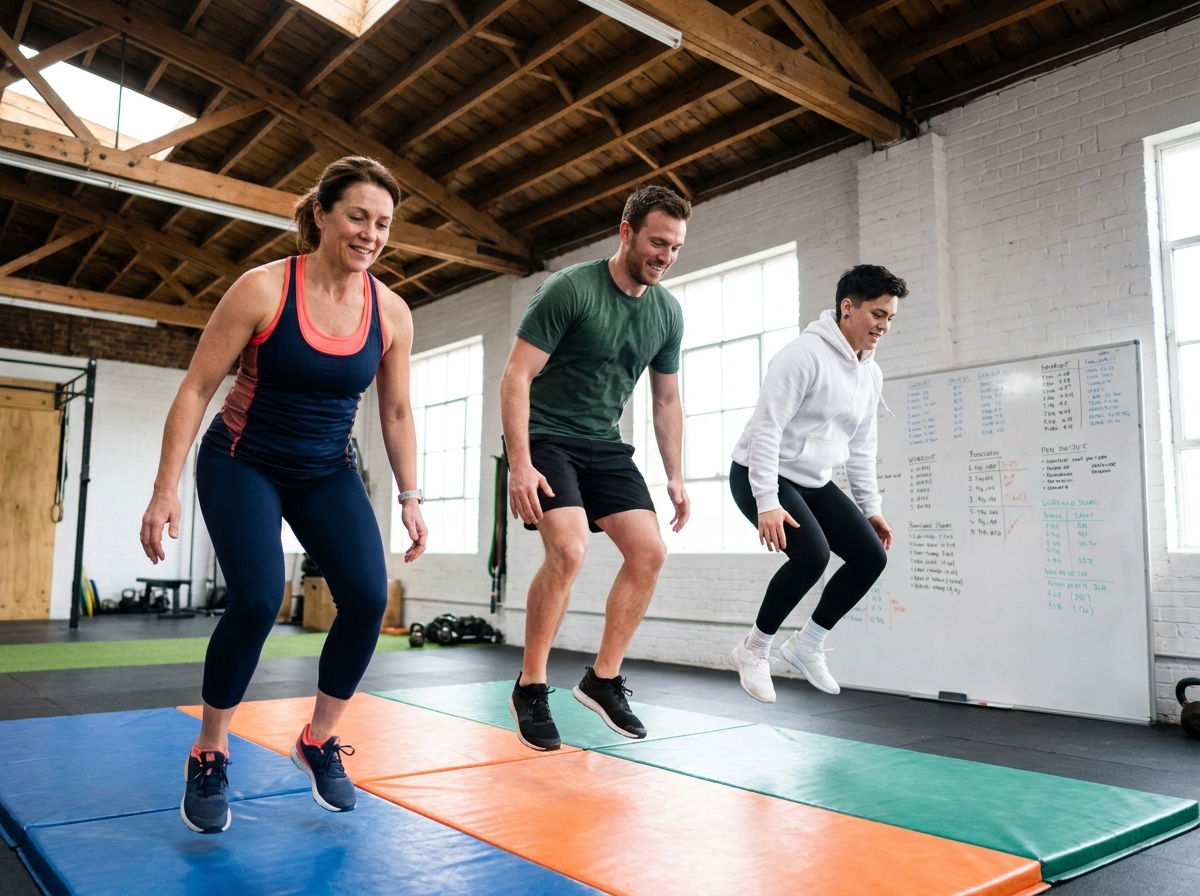 Groupe de personnes réalisant des burpees en cours de cross-training dans un studio moderne avec tableau d'entraînement