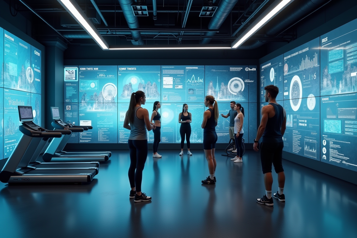 salle de sport hightech avec assistants robotiques et écrans tactiles