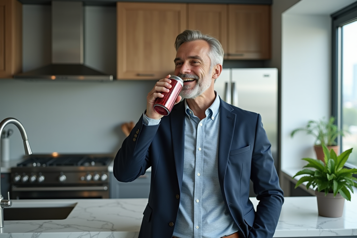 Homme d affaires dans une cuisine moderne avec boisson energisante