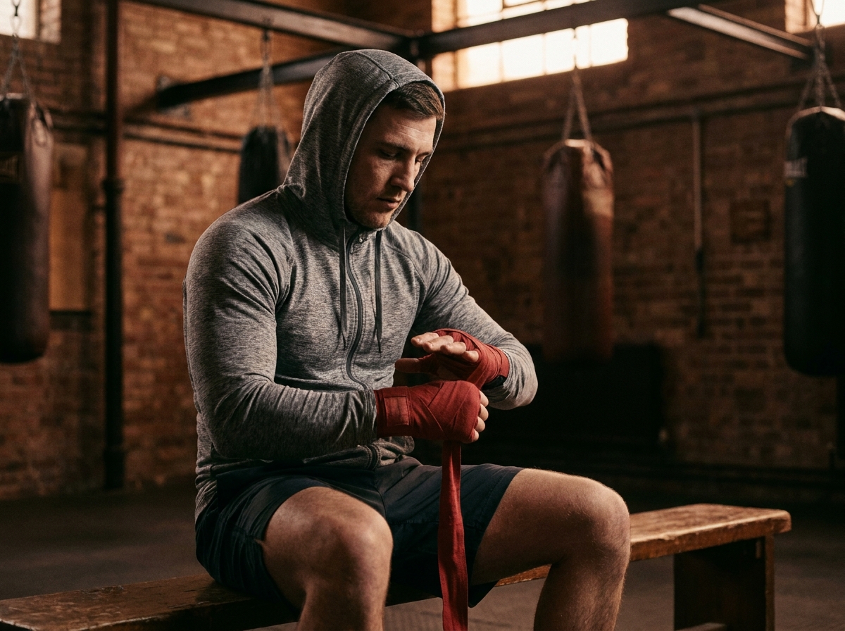 Homme se bandant les mains avant un cours de cardio boxe dans une salle de boxe industrielle avec sacs de frappe