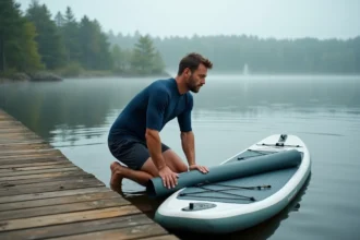 Homme gonflant un stand-up paddle board gonflable au bord d'un lac au petit matin