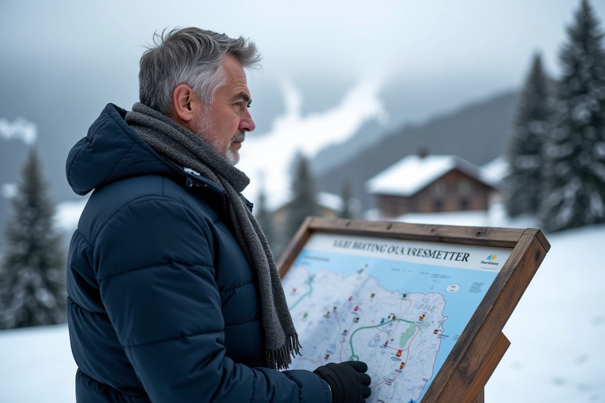 Homme en parka consulte plan de ski en montagne