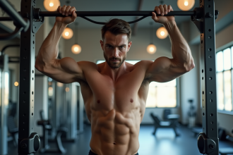 Homme musclé faisant un pull-up dans une salle de sport moderne