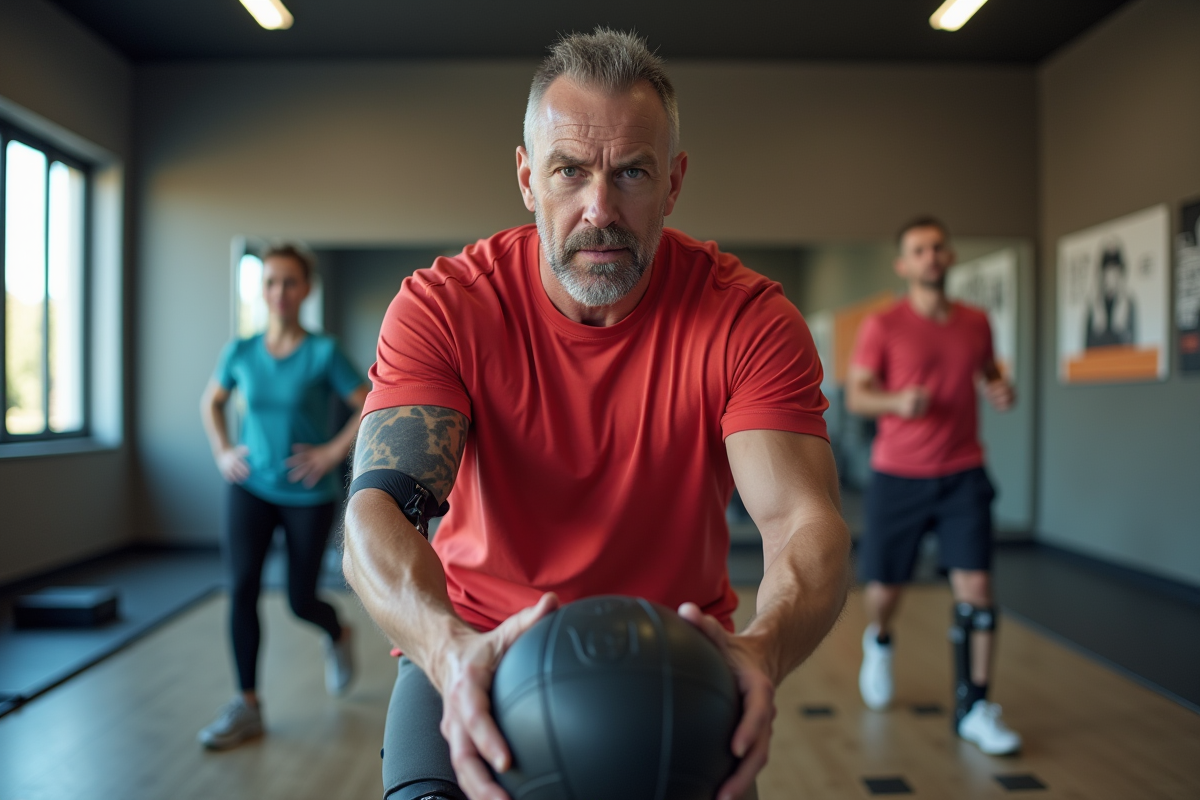 Homme avec prothese soulevant un ballon de fitness en salle