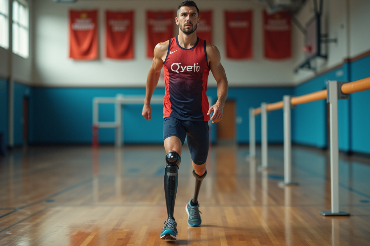 Homme paralympique en pleine warm-up en salle