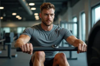 Homme musclé s'entraînant sur un rameur dans une salle de sport moderne, illustrant les muscles travaillés et la technique de rame