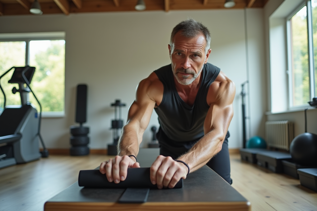 Homme rangeant une bande de résistance dans un studio lumineux