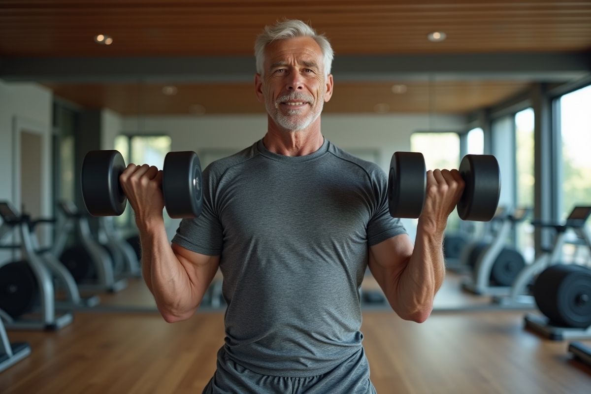 Homme sportif de 60 ans faisant des curls avec haltères dans une salle moderne