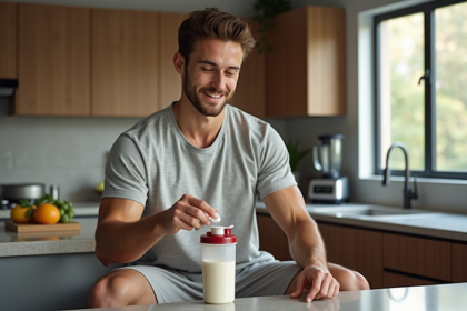 Jeune homme en cuisine versant poudre de whey