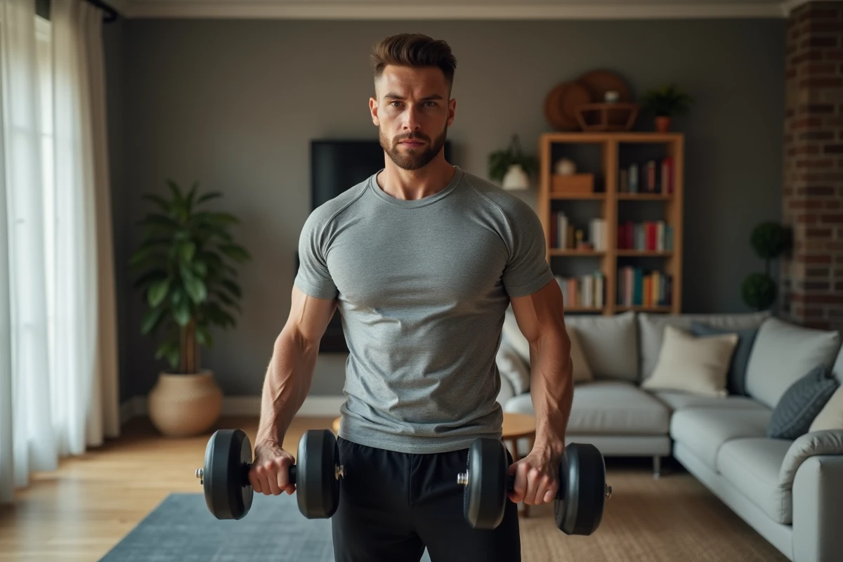 Homme musclé en entraînement avec haltères dans un salon moderne