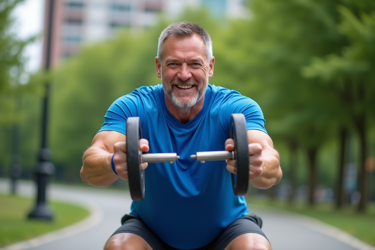 Homme faisant des squats avec poids dans un parc urbain