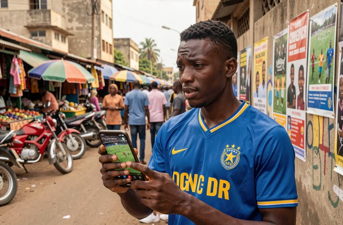 Homme regardant un match de foot RD Congo en streaming sur smartphone dans une rue animée de Kinshasa