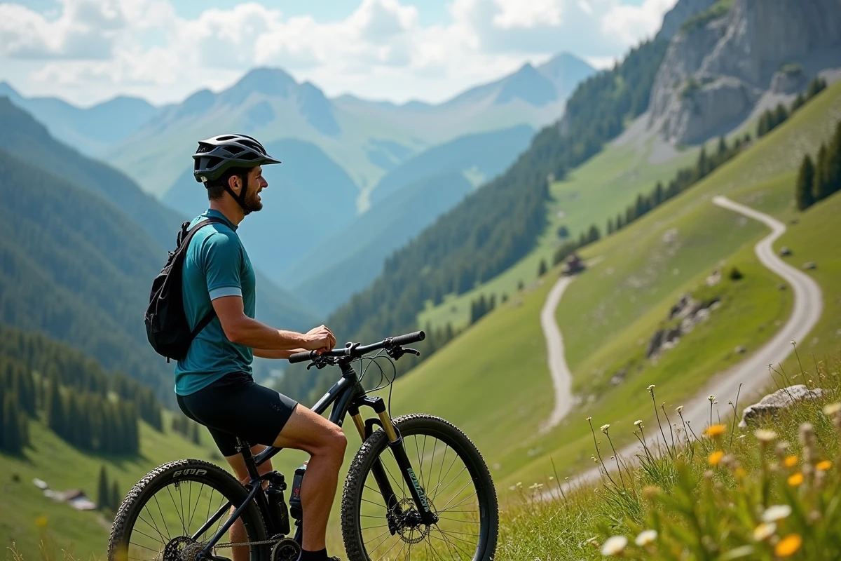 Homme en vélo dans un paysage alpin en été