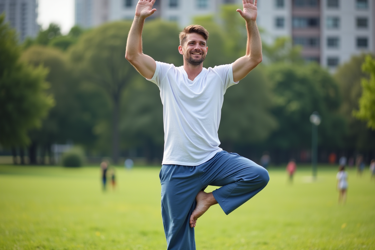 Homme en posture de yoga dans un parc urbain