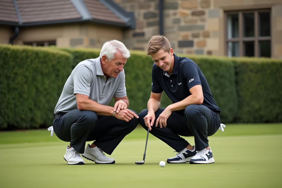 Instructeur de golf corrigeant l'erreur de putting d'un débutant sur le green près du club-house