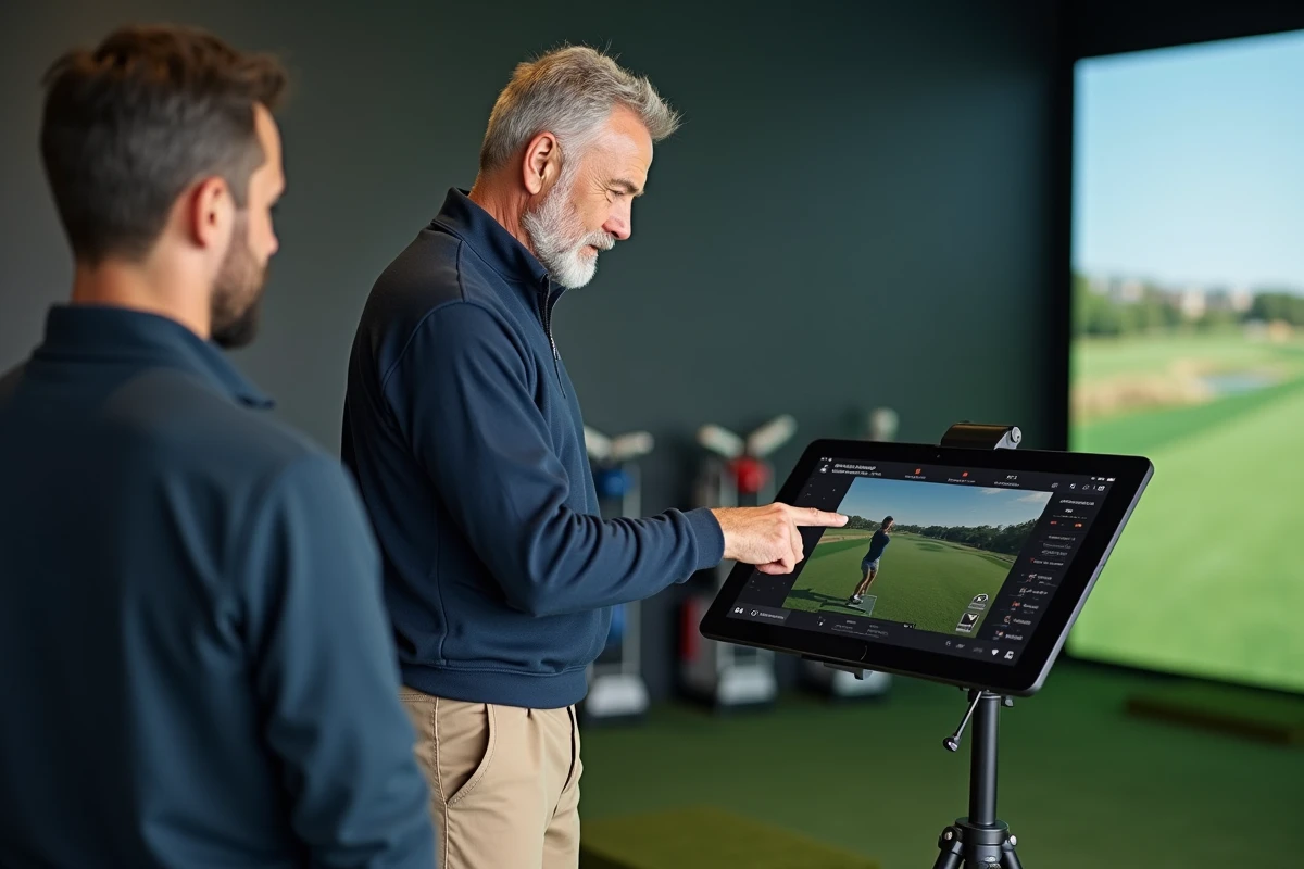 Instructeur de golf expliquant une technique d'approche sur une tablette dans un studio de simulation de golf moderne