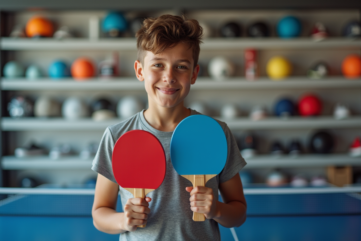 Jeune athlète comparant différentes raquettes de pingpong dans un magasin moderne