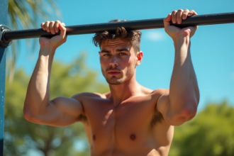 Jeune athlète déterminé faisant un pull-up en plein air dans un parc ensoleille