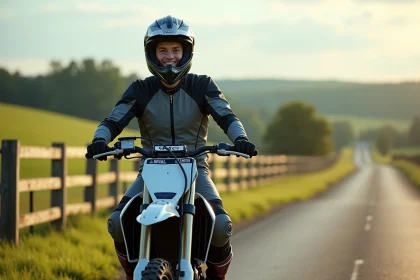 Jeune homme en motocross avec sa moto en campagne
