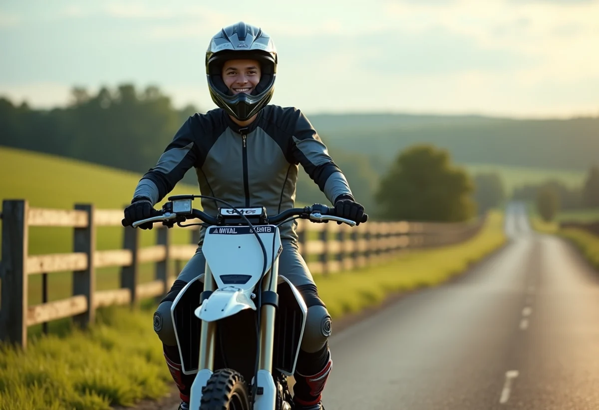 Jeune homme en motocross avec sa moto en campagne