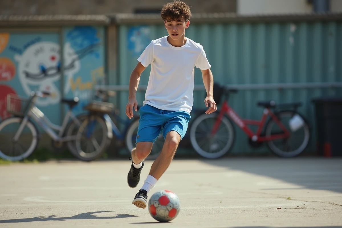 Jeune étudiant dribblant un ballon dans un quartier parisien
