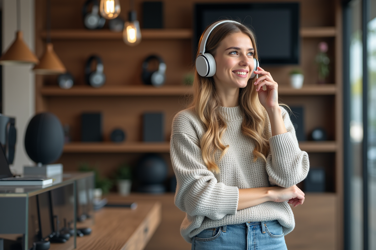 Jeune femme essayant un casque audio dans un magasin moderne