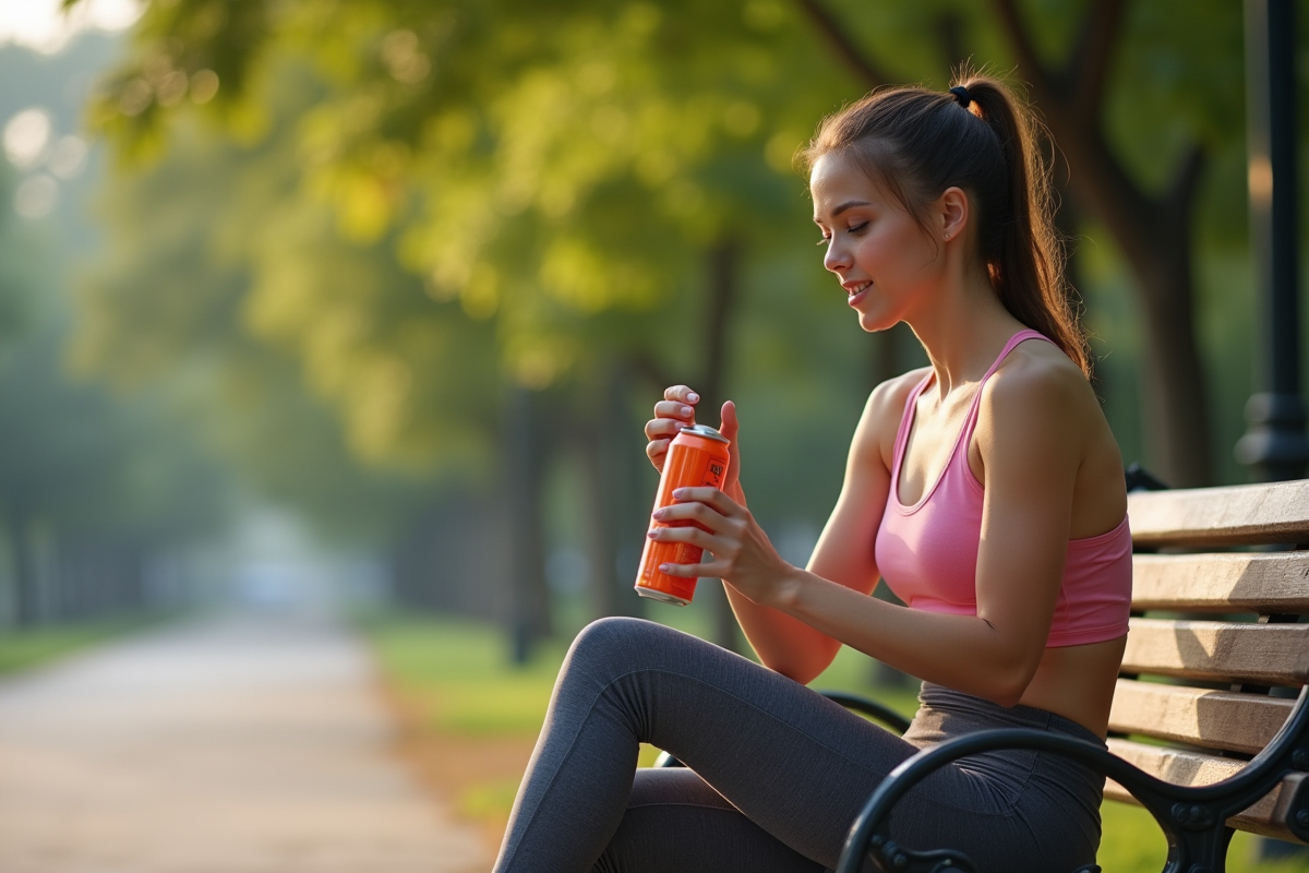 Jeune femme sportive buvant une boisson energisante en plein air
