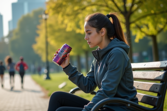 Jeune femme en tenue de sport buvant une boisson energisante dans un parc urbain