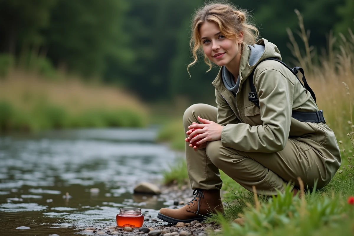 Jeune femme en tenue de pêche roulant un boilie rouge