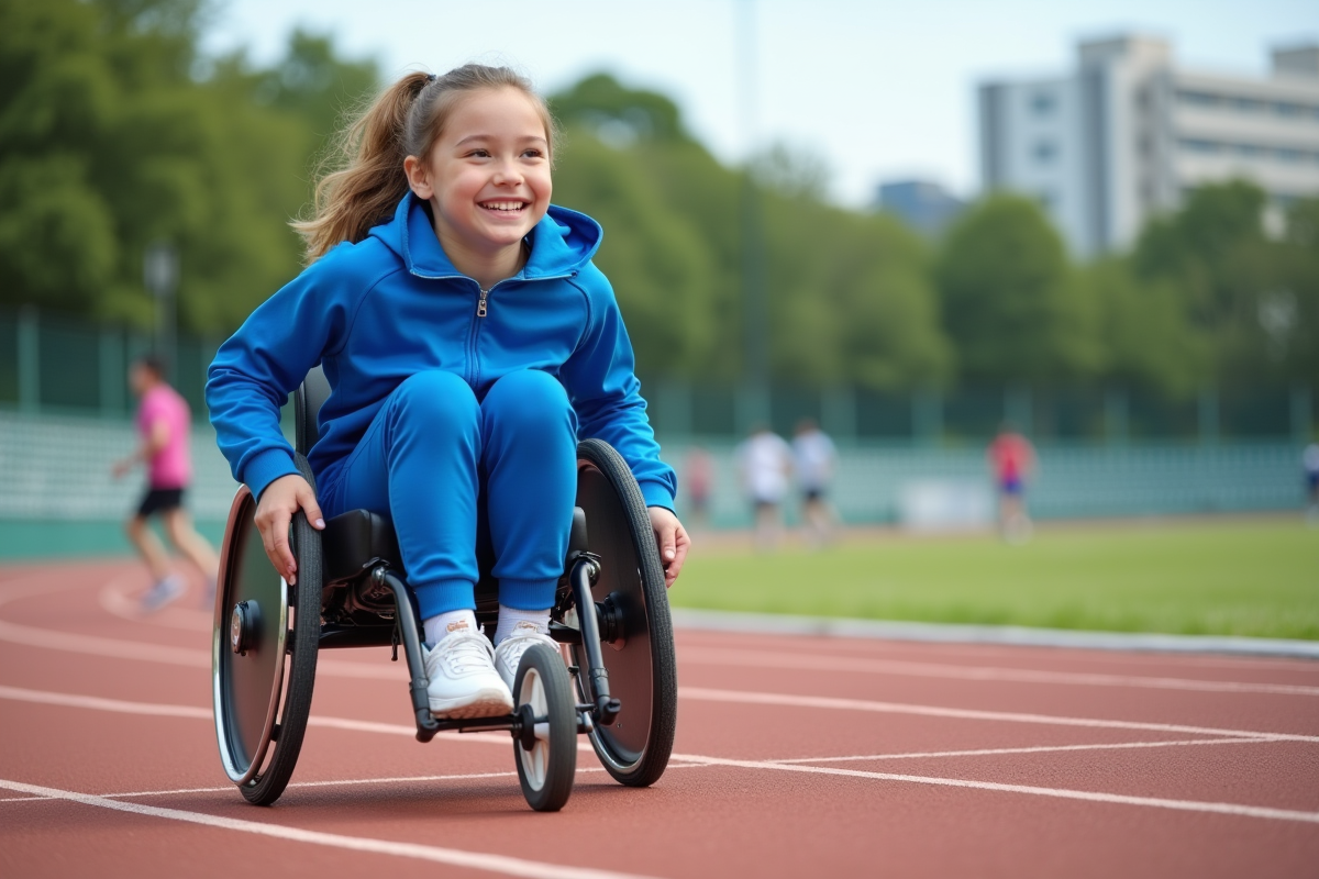Jeune femme souriante en fauteuil roulant sportif en extérieur