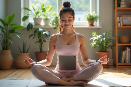 Jeune femme en yoga dans un salon lumineux