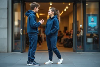 Jeune garçon discutant avec sa mère devant une salle de sport