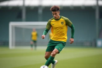 Jeune footballeur du centre de formation du FC Nantes en séance d'entraînement sur le terrain, dribblant avec concentration