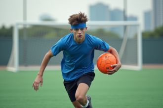 Jeune homme courant avec un ballon de football en extérieur